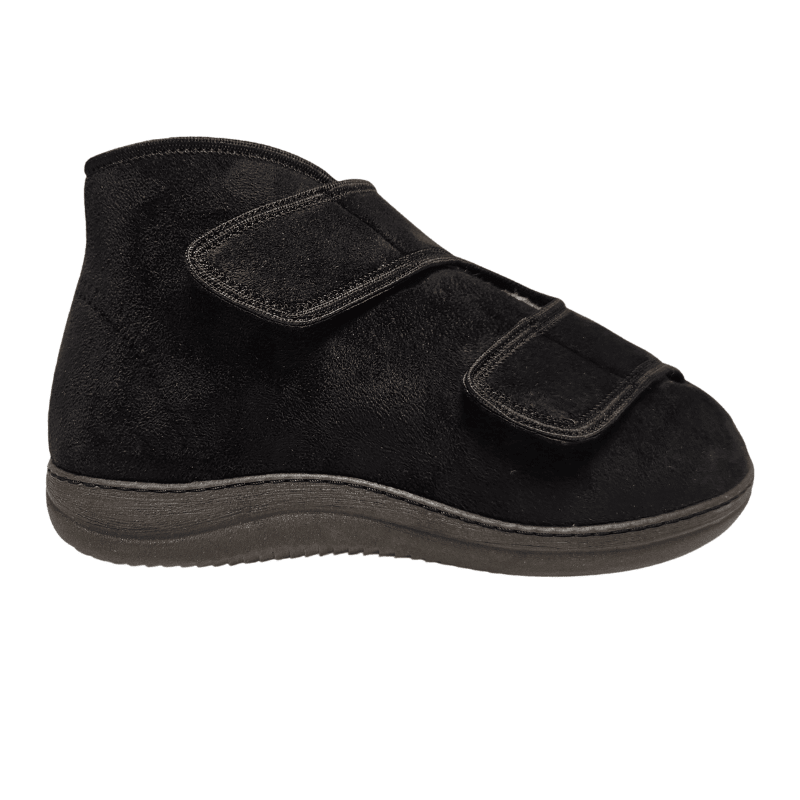 Zapato de terapia alto negro con dos anchas correas de velcro, vista lateral