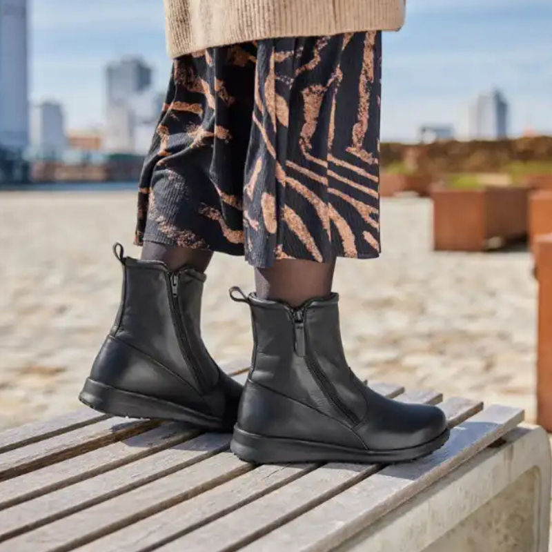 Bota con 2 cremalleras, 110-Cuero liso, negro