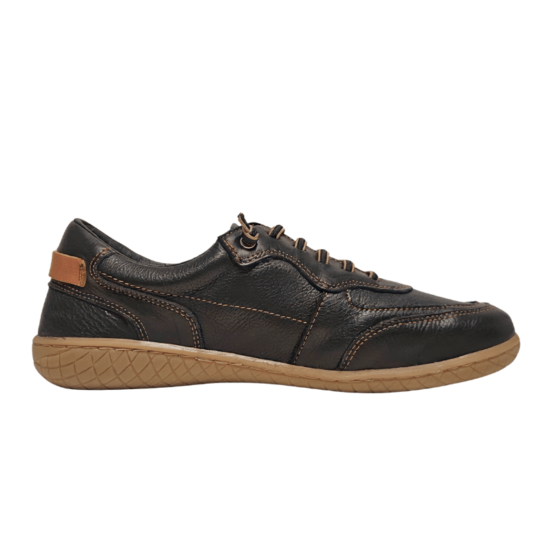 Zapato descalzo negro Bella Moda para mujer, vista lateral con cordones elásticos y suela marrones