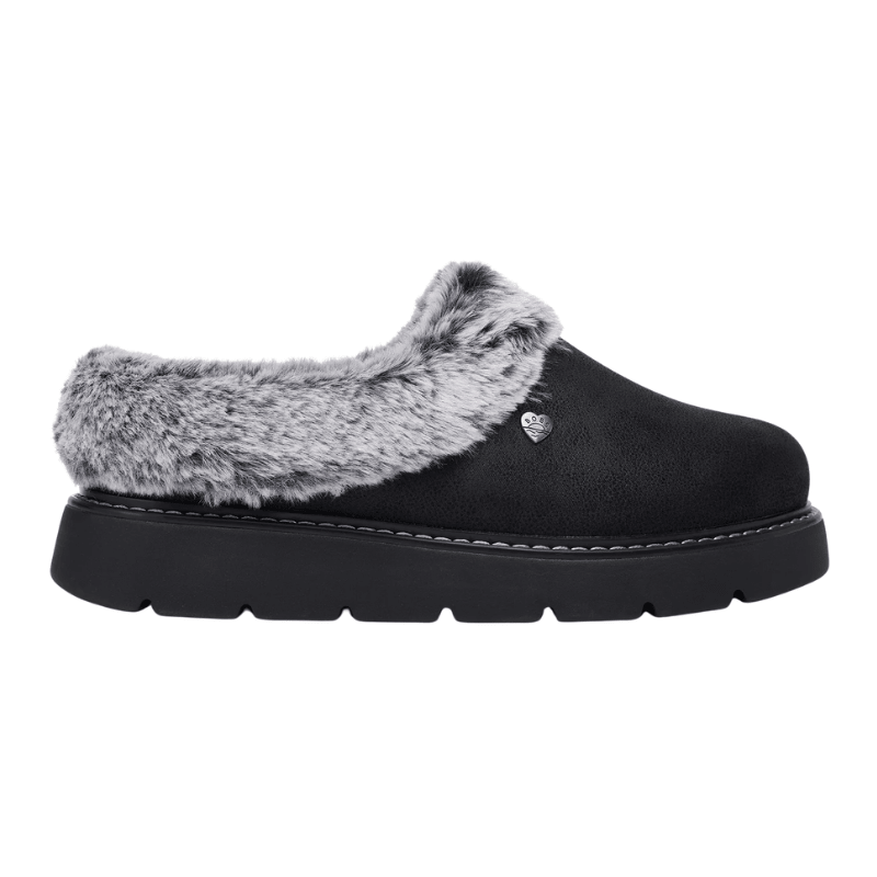 Zapatilla de casa Skechers negra para mujer con efecto ante, pelo sintético gris y suela gruesa, vista lateral