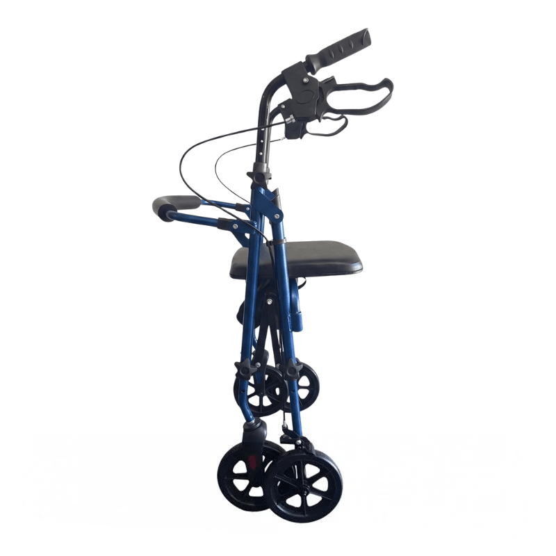 Andador Ibis azul visto de lado en estado plegado, mostrando su diseño compacto