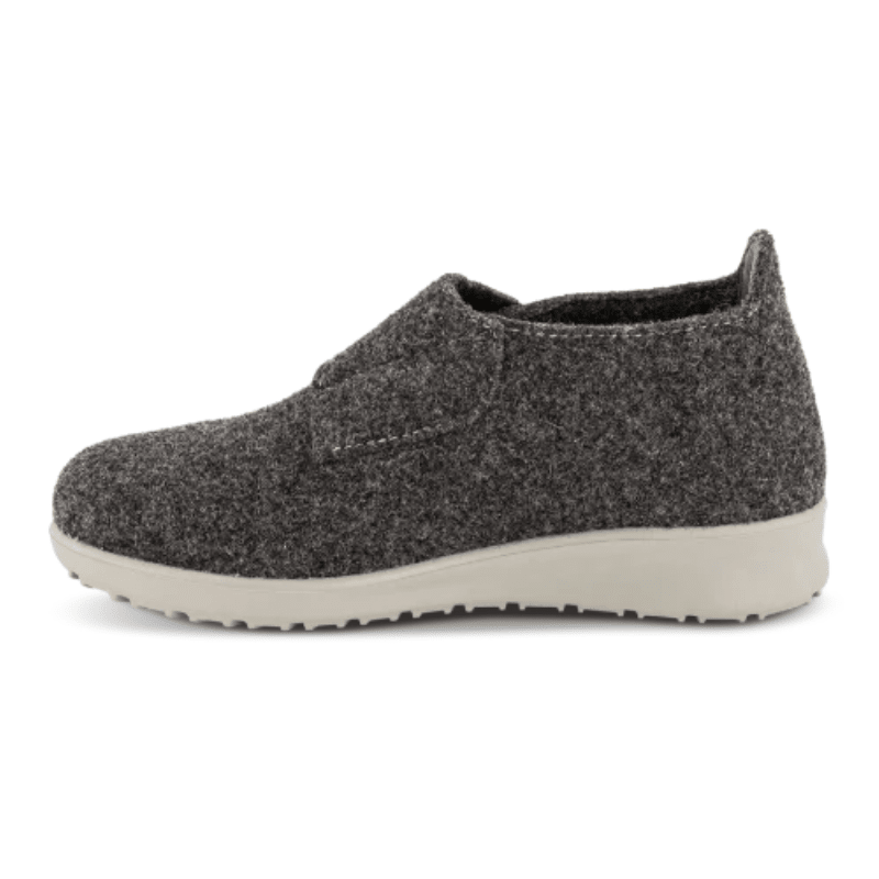 Zapatilla de casa New Feet gris antracita de lana, vista lateral sin la tira de velcro