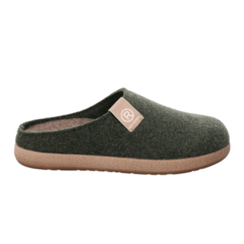 Zapatilla de fieltro Rohde verde oscuro para mujer, vista lateral con suela beige y logo
