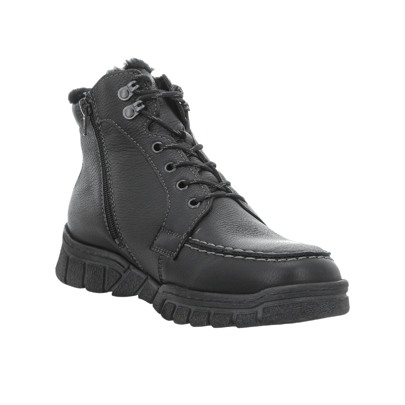 Bota de hombre Waldläufer de napa negra con cordones y cremallera, vista frontal angular con forro visible