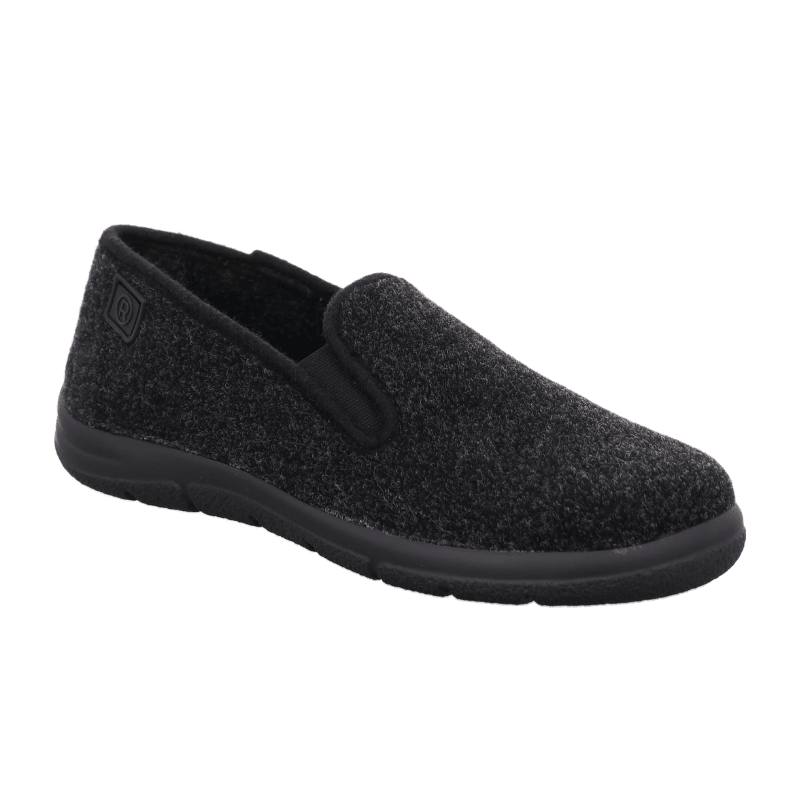 Zapatilla de hombre Rohde negra de fieltro con suela antideslizante, vista en ángulo frontal