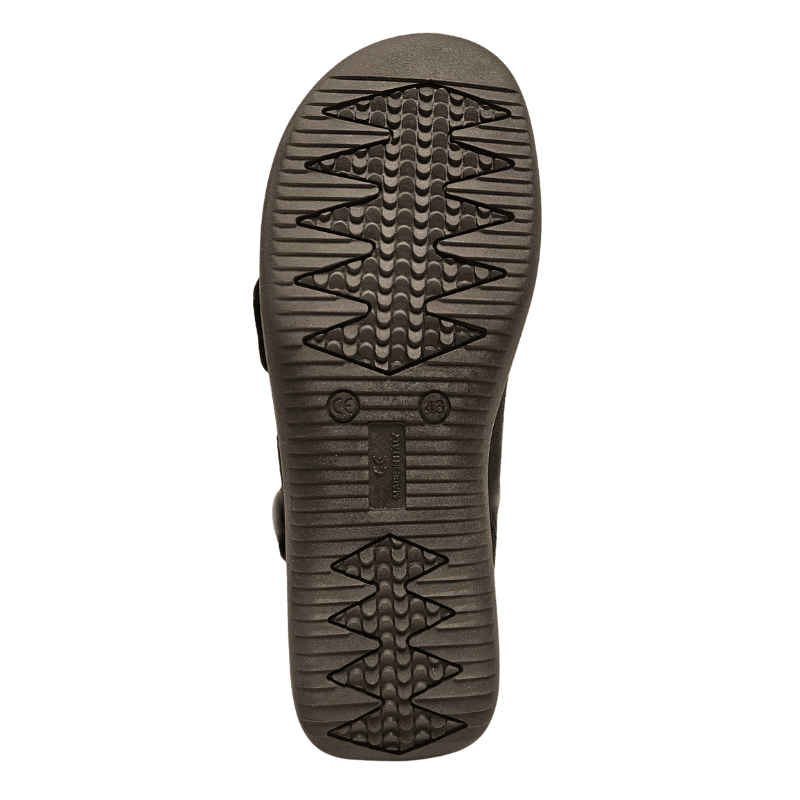 Parte inferior de un zapato de terapia negro con patrón antideslizante y "MADE IN ITALY" grabado en la suela