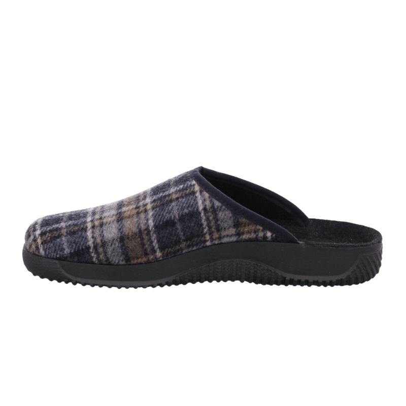 Zapatilla de casa Rohde a cuadros azul y gris, vista lateral, con talón abierto y suela de goma negra