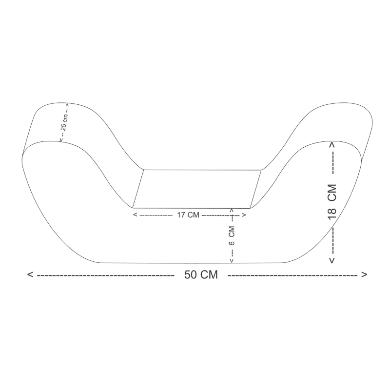 Esquema del cojín lumbar con medidas como 50 cm de largo y 18 cm de alto para un ajuste óptimo
