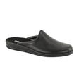 Zapatilla de casa Rohde negra de cuero para hombre, vista diagonalmente desde el frente con talón abierto