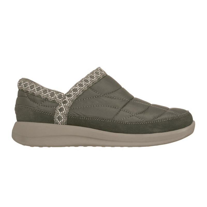 Zapato de ocio Skechers verde oliva para mujer, vista lateral, con parte superior acolchada y ribete de punto