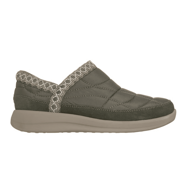 Zapato de ocio Skechers verde oliva para mujer, vista lateral, con parte superior acolchada y ribete de punto