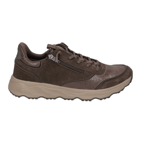 Zapatilla de mujer Waldläufer marrón con cremallera y cordones, vista lateral con brillo discreto
