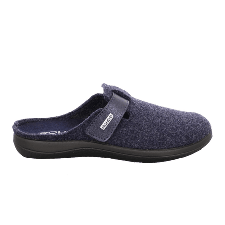 Zapatilla de fieltro azul Rohde para mujer, vista lateral, con tira de velcro y logo