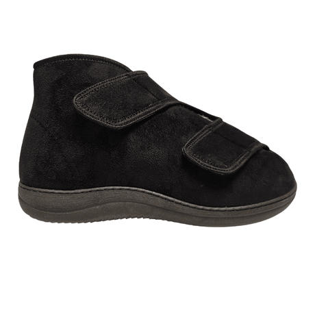 Zapato de terapia alto negro con dos anchas correas de velcro, vista lateral