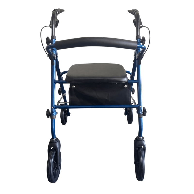 Andador Ibis azul visto directamente de frente, con asas ergonómicas, asiento y respaldo acolchados