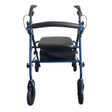 Andador Ibis azul visto directamente de frente, con asas ergonómicas, asiento y respaldo acolchados