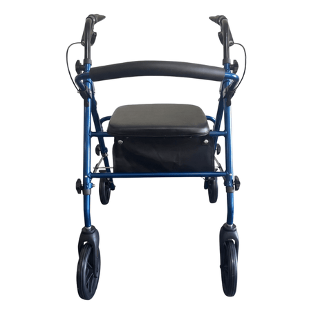 Andador Ibis azul visto directamente de frente, con asas ergonómicas, asiento y respaldo acolchados