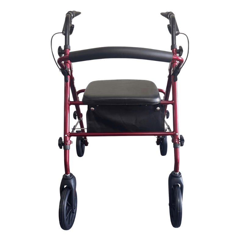 Andador Ibis rojo visto directamente de frente con asiento negro, respaldo y asas
