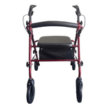 Andador Ibis rojo visto directamente de frente con asiento negro, respaldo y asas