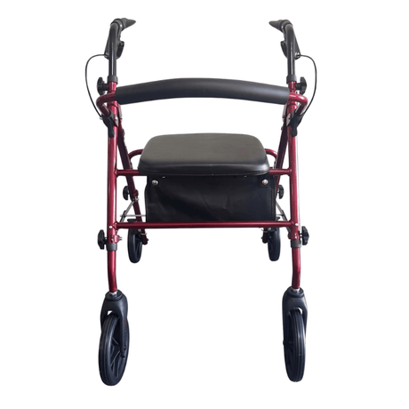 Andador Ibis rojo visto directamente de frente con asiento negro, respaldo y asas