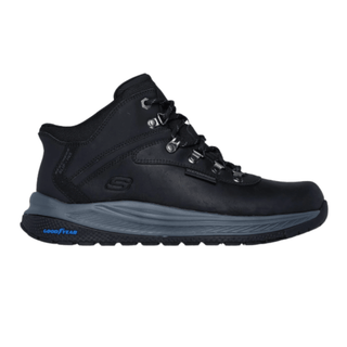 Bota impermeable Skechers negra para hombre, vista lateral, con suela gris y cordones