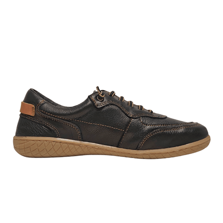 Zapato descalzo negro Bella Moda para mujer, vista lateral con cordones elásticos y suela marrones
