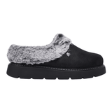Zapatilla de casa Skechers negra para mujer con efecto ante, pelo sintético gris y suela gruesa, vista lateral