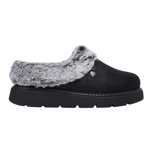 Zapatilla de casa Skechers negra para mujer con efecto ante, pelo sintético gris y suela gruesa, vista lateral