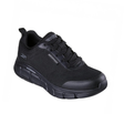 Zapatilla Skechers impermeable negra para hombre con cordones y malla, vista en ángulo frontal