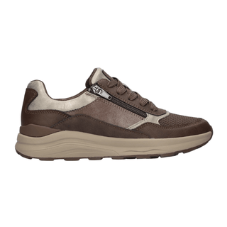 Zapatilla deportiva de mujer Waldläufer marrón, vista lateral, con cordones y cremallera lateral