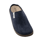 Zapatilla de hombre Rohde azul oscuro vista en ángulo superior, con plantilla de fieltro y logo