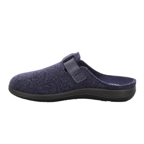 Zapatilla de fieltro azul oscuro Rohde para mujer, vista lateral, con talón abierto y velcro