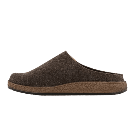 Zapatilla de hombre Rohde marrón de fieltro suave, vista lateral, mostrando el diseño fácil de calzar