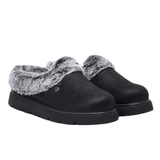 Par de zapatillas de casa Skechers negras para mujer con pelo sintético gris y efecto ante, vista frontal angulada
