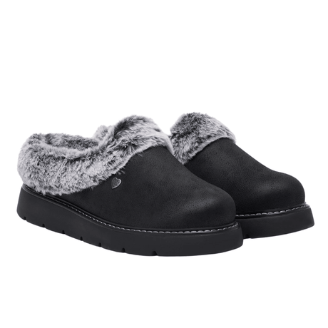 Par de zapatillas de casa Skechers negras para mujer con pelo sintético gris y efecto ante, vista frontal angulada