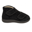 Zapato de terapia negro con forro de lana y dos correas de velcro anchas, vista lateral