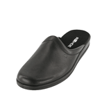 Zapatilla de casa Rohde negra de cuero para hombre, vista diagonalmente desde arriba con plantilla y logo Rohde