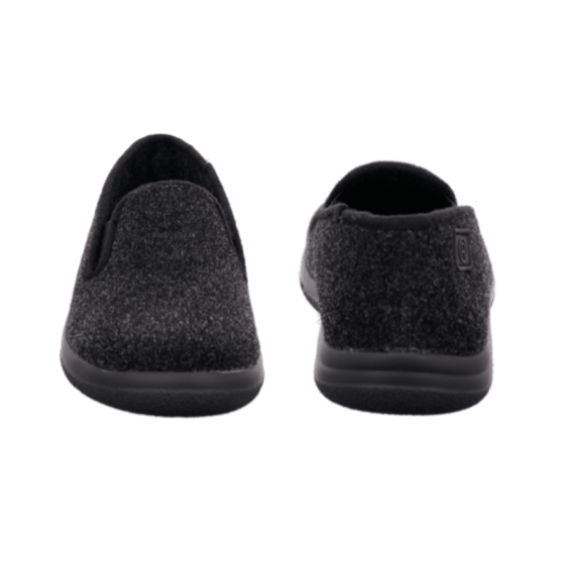 Dos zapatillas de hombre Rohde negras de fieltro, una vista frontal, la otra trasera