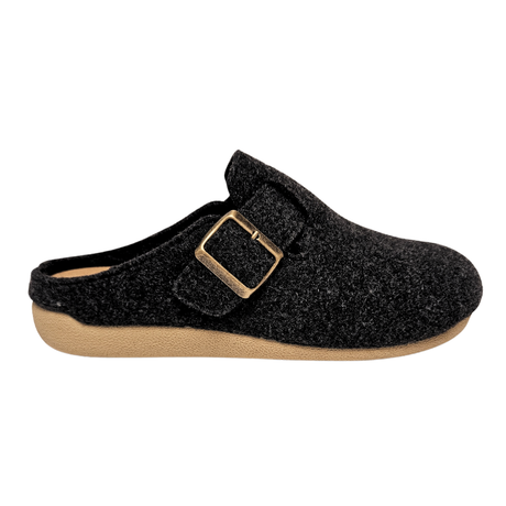 Zapatilla de mujer Bella Moda de lana gris antracita con hebilla pequeña, vista lateral