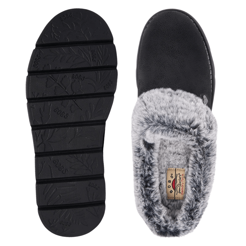 Zapatilla de casa Skechers negra para mujer vista desde arriba con plantilla y suela con patrón desde abajo