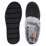 Zapatilla de casa Skechers negra para mujer vista desde arriba con plantilla y suela con patrón desde abajo