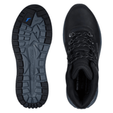 Dos botas Skechers negras para hombre, una vista superior y la otra mostrando el patrón de la suela