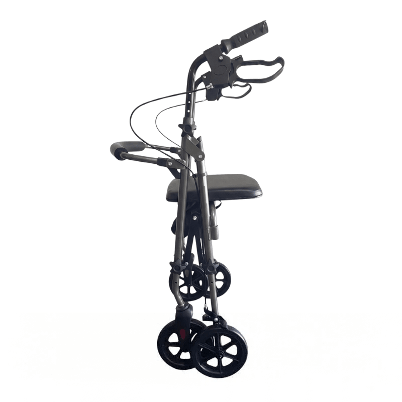 Andador Ibis gris plegado visto de lado, mostrando su diseño compacto