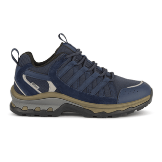 Zapatilla de exterior azul oscuro Green Comfort para mujer, vista lateral, con cordones y detalles de malla