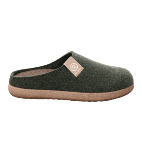 Zapatilla de fieltro Rohde verde oscuro para mujer, vista lateral con suela beige y logo