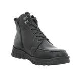 Bota de hombre Waldläufer de napa negra con cordones y cremallera, vista frontal angular con forro visible