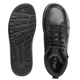 Una bota New Feet negra de hombre vista desde arriba y una suela con dibujo y logo "new feet