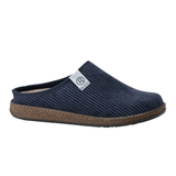 Zapatilla de hombre Rohde azul oscuro con superficie acanalada y suela marrón, vista lateral