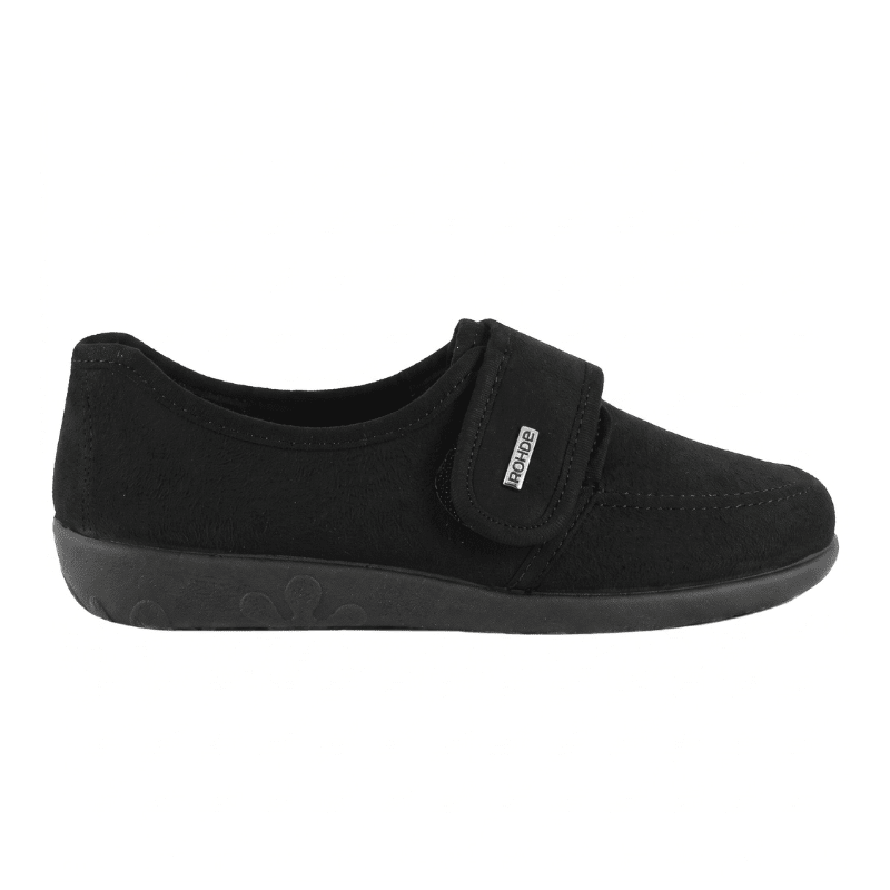Zapatilla de casa Rohde negra para mujer con velcro y suela de goma antideslizante, vista lateral