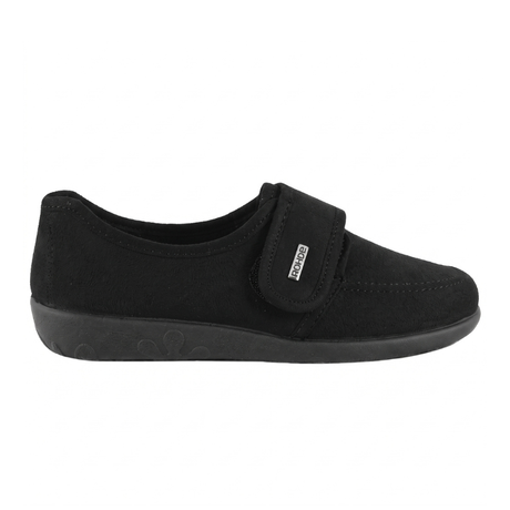 Zapatilla de casa Rohde negra para mujer con velcro y suela de goma antideslizante, vista lateral